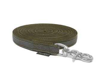 Mystique® Longe laisse de pistage de caoutchouc 12mm khaki  10m inoxydable mousq.mexicain